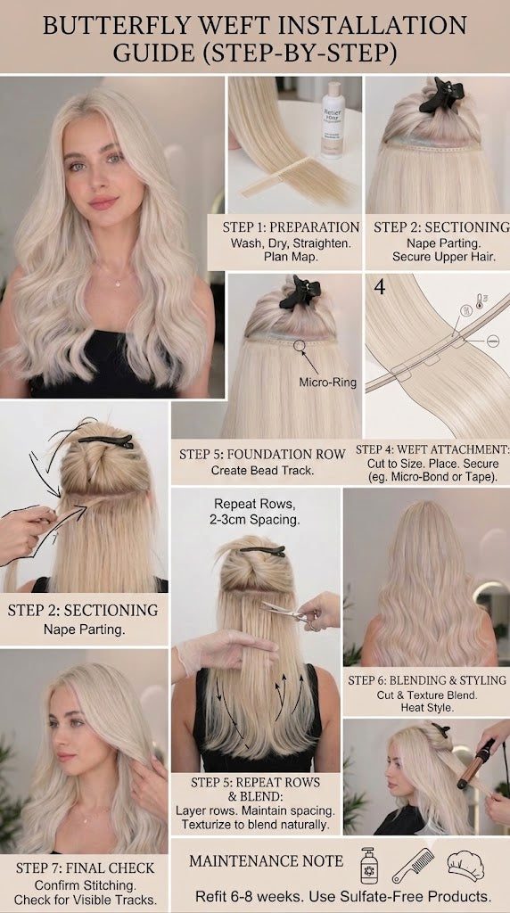 Butterfly Weft hair extensions installation step by step in salon