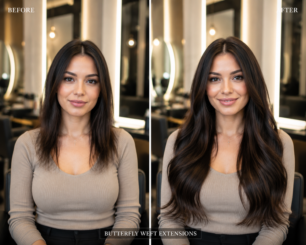 Before and after transformation with seamless butterfly weft hair extensions showing natural volume and length