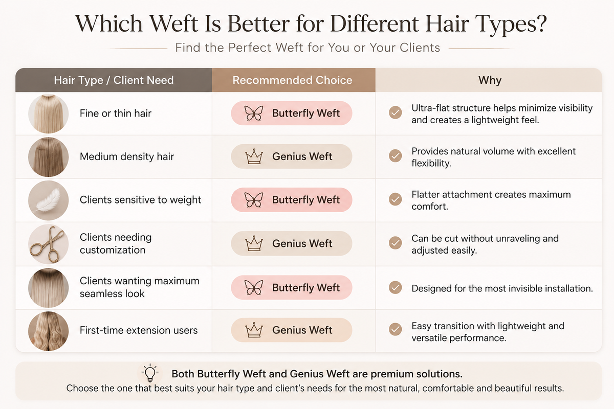 Butterfly Weft vs Genius Weft hair extensions guide showing the best weft choice for different hair types, including fine hair, medium density hair, and clients seeking lightweight seamless extensions.