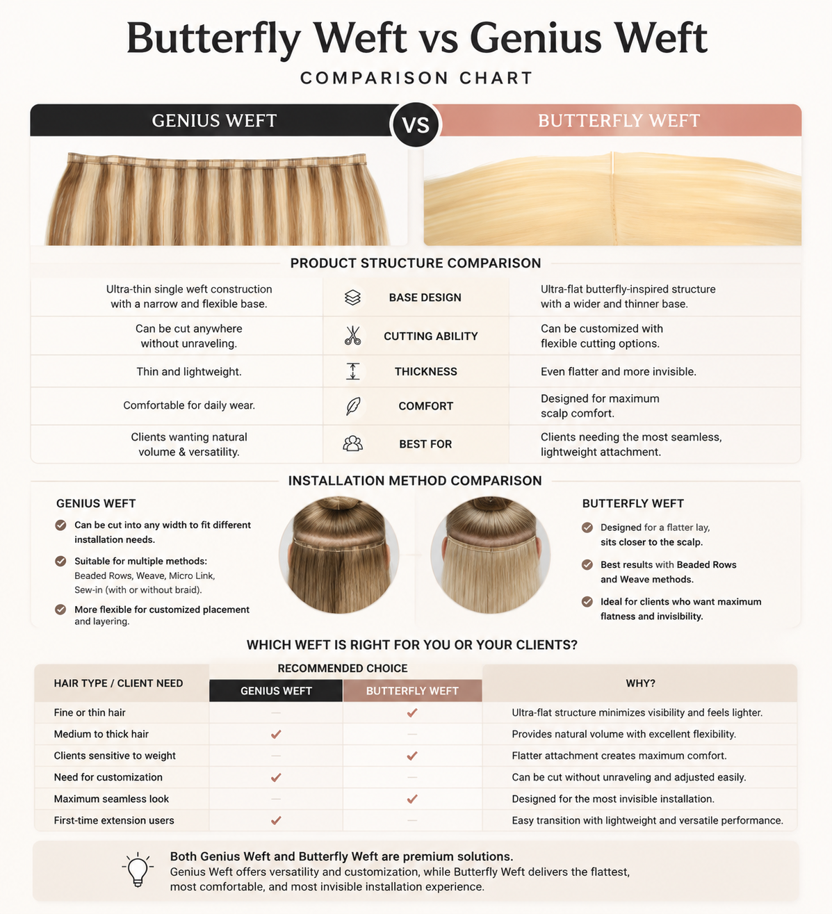 Butterfly Weft vs Genius Weft hair extensions comparison chart showing differences in product structure, installation methods, comfort, and ideal client choices.