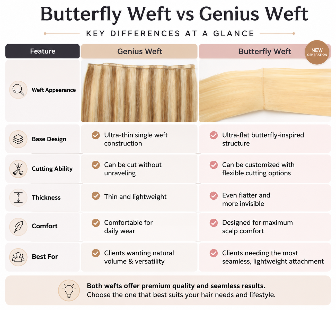 Butterfly Weft vs Genius Weft hair extensions comparison chart showing differences in base design, cutting ability, thickness, comfort, and suitability for clients.