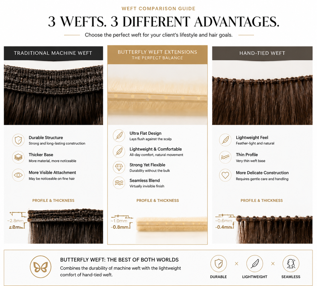 Butterfly Weft Extensions compared with Traditional Machine Weft and Hand-Tied Weft showing differences in thickness, flexibility, and lightweight design