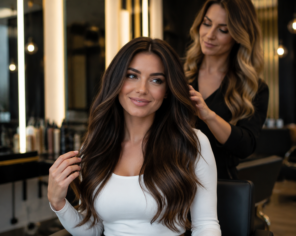 Client enjoying lightweight and comfortable butterfly weft hair extensions in a luxury salon